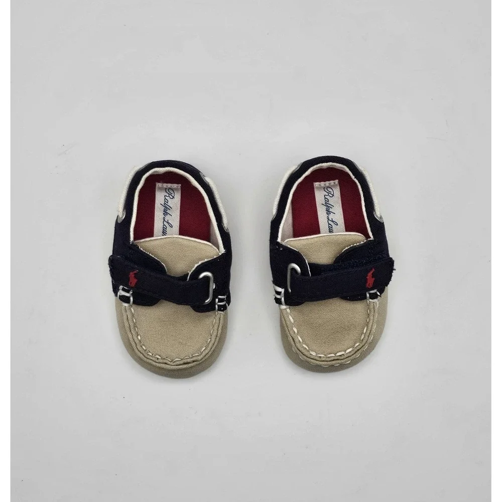 Ralph Lauren Boys Sanders EZ Canvas Deck Shoes Size 2 Pony Logo Loafer Tan Navy